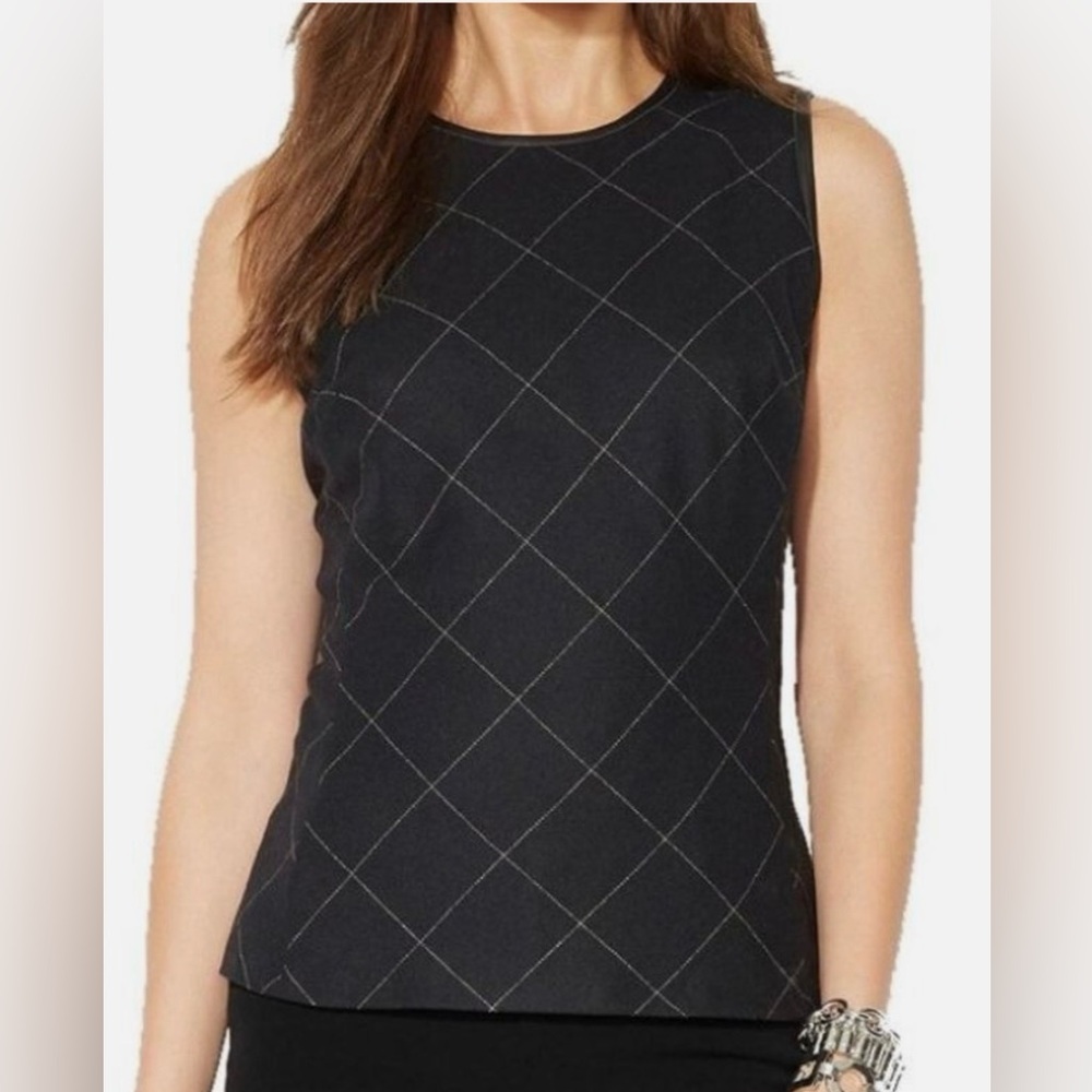 RALPH LAUREN - Black Wool Windowpane Plaid Leather Trim Sleeveless Top 14